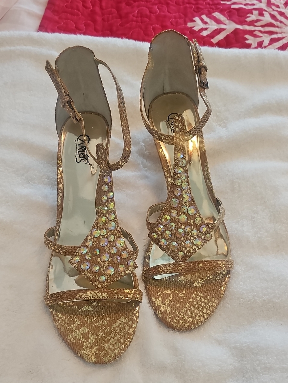 Carlos Santana Gold Crystal T-Strap Heels